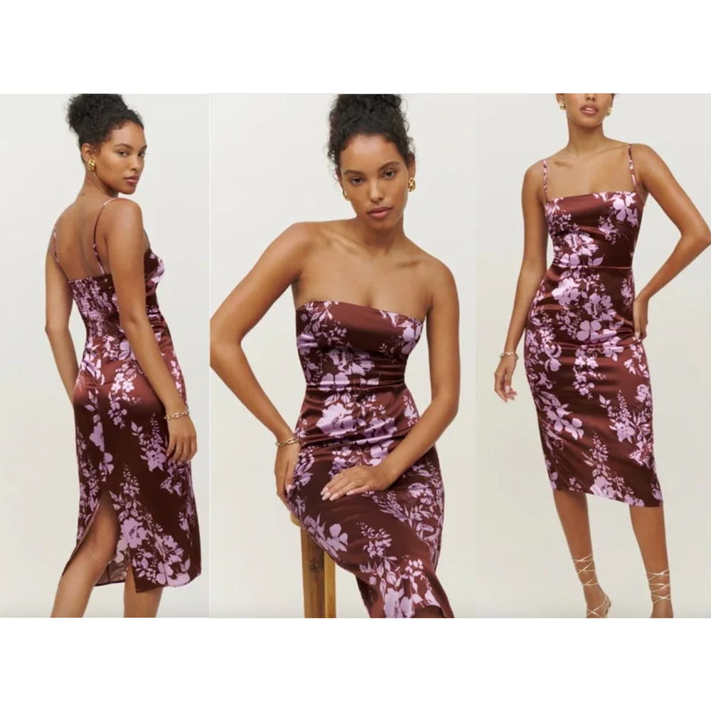 Reformation Brown and Pink Floral Midi Dress